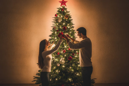 A couple joyfully decorates a beautifully lit Christmas tree, enhancing the festive atmosphere together.の写真素材