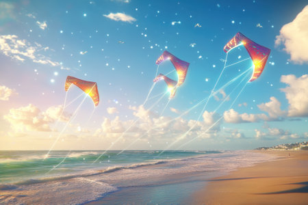 Kites dance in the sky above a serene beach during sunset, with soft waves rolling towards the sand.の写真素材