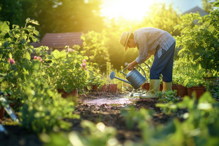 A gardener pours water over vibrant plants while enjoying the warm glow of evening sunlight.の写真素材
