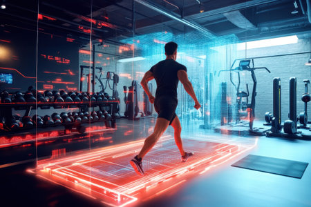 Man runs on a high-tech treadmill in a futuristic gym with glowing digital visuals and fitness equipment.の素材