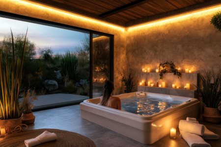A person enjoys a peaceful soak in a hot tub, illuminated by soft candlelight, surrounded by lush greenery.の写真素材