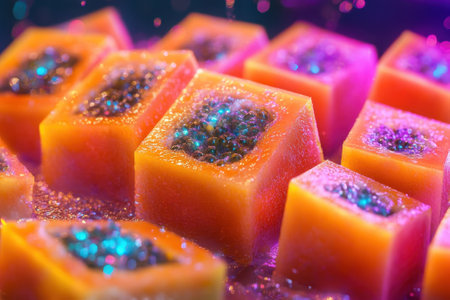 Brightly colored papaya cubes stand out with iridescent textures, creating a lively and artistic display.の写真素材