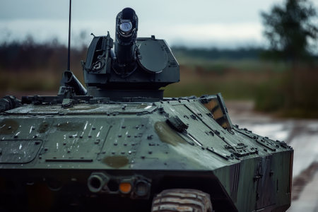 A heavily armored military vehicle is positioned in a training area, showcasing military technology on a cloudy day.の写真素材