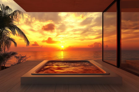 Relaxing hot tub offers a stunning sunset view over the ocean with palm trees in the foreground.の写真素材