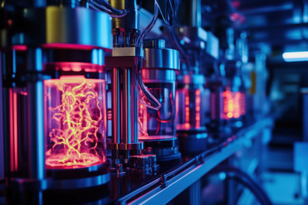 Colored plasma energy is contained in glass chambers within a high-tech lab environment.の写真素材