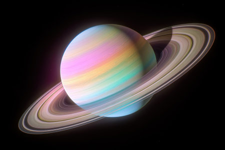 Saturn displays its colorful bands and iconic rings against a dark space backdrop during an astronomical observation.の写真素材