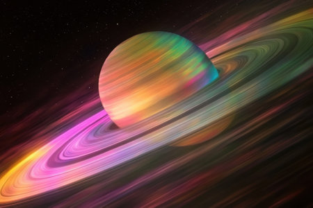A colorful depiction of Saturn with vivid rings floating in space under a starry sky at night.の写真素材
