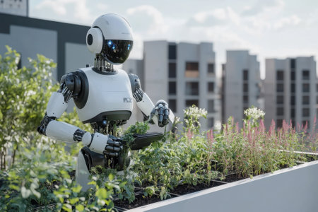 A humanoid robot tends to a garden on a rooftop, cultivating plants in a contemporary cityscape.の写真素材