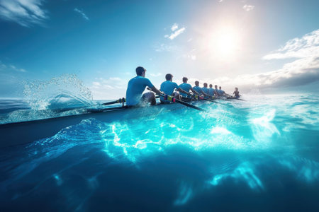A group of rowers propels their boat through shimmering blue waters under a clear sky.の素材
