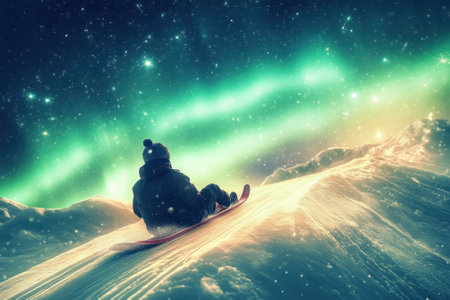 A person enjoys snowboarding on a snowy hill while vibrant northern lights illuminate the night sky.の写真素材