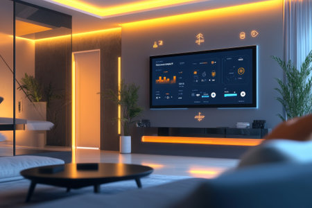 A stylish living room features a large smart TV displaying data, with warm ambient lighting creating a cozy atmosphere.の写真素材