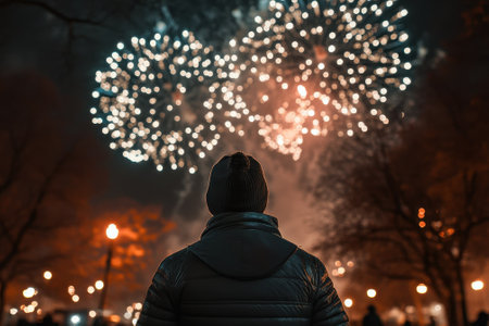 A person stands in a park at night, gazing up at vibrant fireworks bursting in the sky.の写真素材