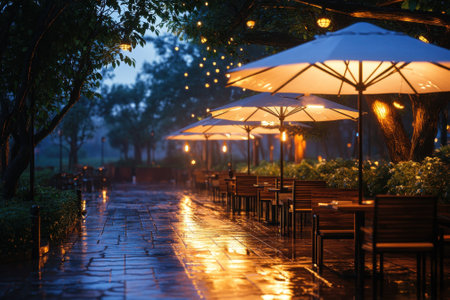 Tables and chairs are arranged under glowing umbrellas in a tranquil park during a rainy evening.の写真素材
