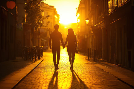 A couple walks together, holding hands, as the sun sets behind them, casting warm golden light in the street.の写真素材