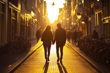 A couple strolls hand in hand during sunset, surrounded by bicycles and a bustling street.の写真素材