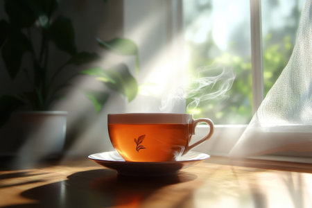 A steaming cup of tea rests on a wooden table, illuminated by sunlight filtering through a window.の写真素材