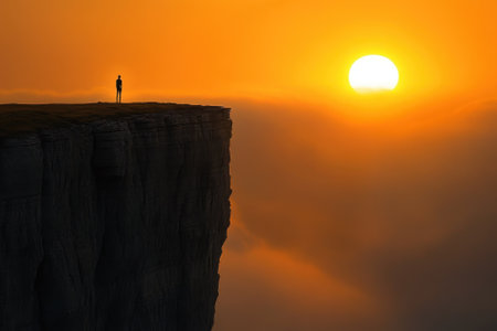 A person stands on a cliff edge, silhouetted against a vibrant sunset illuminating the sky and horizon.の写真素材