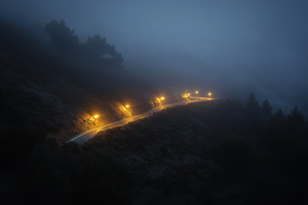 A winding road can be seen, softly lit by street lamps, surrounded by thick fog in a serene mountain landscape.の写真素材