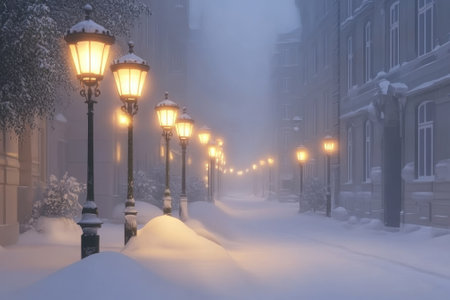 Soft snow blankets the ground as warm light glows from lamps lining the serene street at dusk.の写真素材