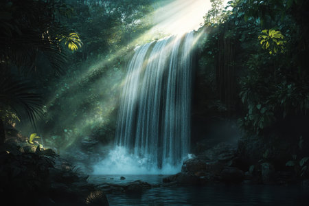 Water flows gracefully over rocks as sunlight filters through lush greenery, creating a tranquil atmosphere.の写真素材