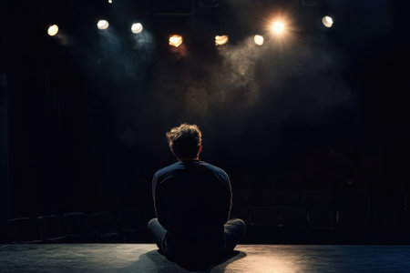 A solo performer sits on stage in a spotlight, contemplating the upcoming show as the audience waits.の写真素材