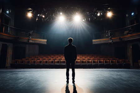 A performer reflects at center stage in an empty theater, illuminated by soft stage lights.の写真素材