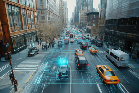 Vehicles navigate a bustling city street enhanced by digital technology and smart traffic signals.の写真素材