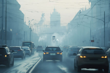 Vehicles navigate through thick fog on a busy city street in the early morning, creating an atmospheric scene.の写真素材