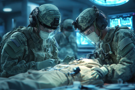 Two soldiers perform urgent medical care on a patient in a high-tech military environment.の写真素材