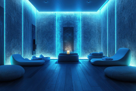A calming spa with soft blue lighting, comfy loungers, and a relaxing central area for unwinding.の写真素材
