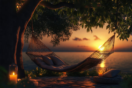 A serene hammock hangs between trees by the water as the sun sets, creating a peaceful atmosphere with candles.の写真素材
