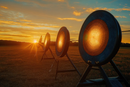 Archery targets stand in a field as the sun sets, casting a warm glow and creating a tranquil atmosphere.の写真素材