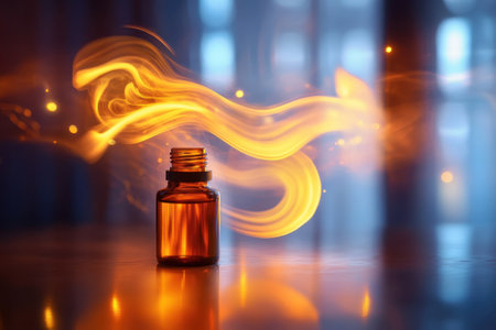 A small amber bottle surrounded by swirling golden smoke creates an enchanting visual effect in dim light.の写真素材