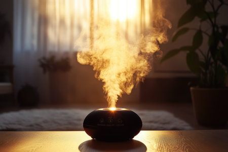 A calming aroma diffuser emits fragrant mist in a cozy room filled with soft light and greenery.の写真素材
