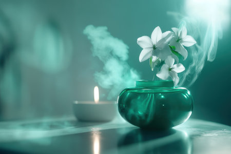 Delicate white flowers are arranged in a green vase, with soft smoke and a candle enhancing the tranquil setting.の写真素材