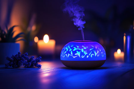 A colorful essential oil diffuser emits soothing mist amidst candles and plants in a calming setting.の写真素材