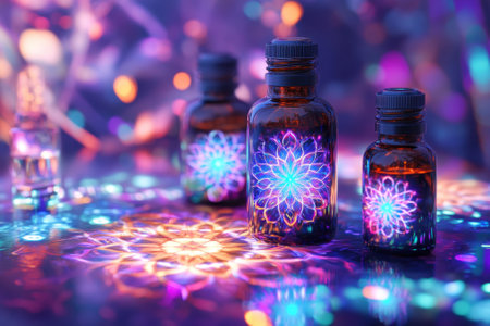 Glass bottles glow with floral patterns on a dark background, creating a captivating ambiance.の写真素材