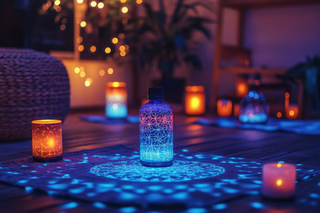 Cozy indoor setting features colorful lights, candles, and a decorative bottle, creating a serene atmosphere.の写真素材