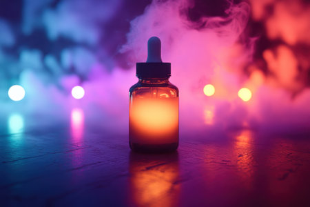 A glass dropper bottle emits a warm glow, surrounded by colorful mist and soft glowing orbs in the dark.の写真素材