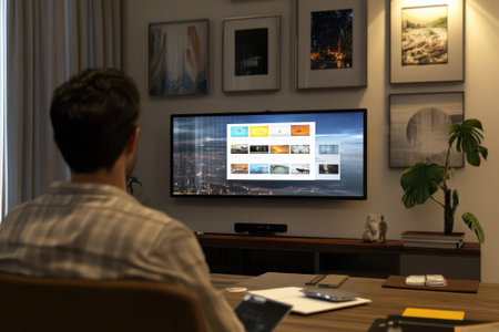 Person sits at a desk in a cozy room, looking at a large TV screen filled with vibrant images during the evening.の写真素材