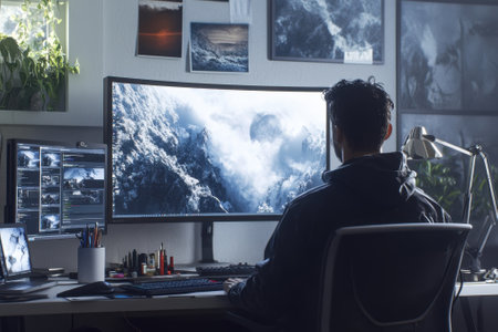 A person focuses on digital art using large curved monitors in a well-organized creative studio.の写真素材