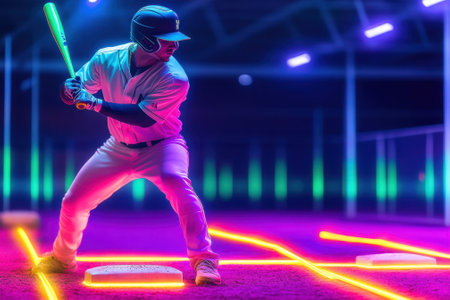 A baseball player stands ready to swing a bat in a vibrant, neon-lit training facility while practicing at night.の写真素材