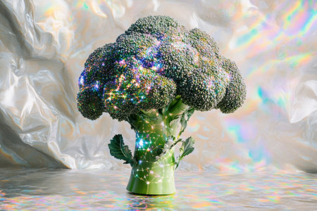 Fresh broccoli stands proudly, shimmering with sparkles against a reflective, colorful surface.の写真素材