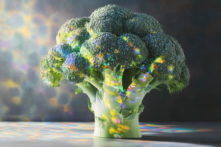 A large head of broccoli sits on a flat surface, reflecting vibrant colors in low light, creating a striking visual.の写真素材