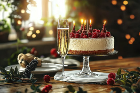 A festive display of a raspberry cake with candles and a glass of champagne on a rustic table surrounded by greenery.の写真素材