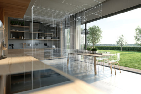 Bright and airy kitchen with a dining area connected to a lush outdoor space and contemporary design elements.の写真素材