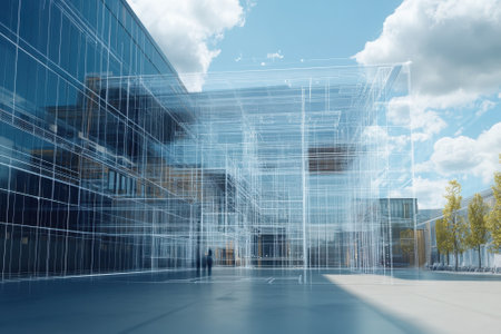 Transparent architectural elements are illustrated against a modern urban backdrop with cloudy skies.の写真素材