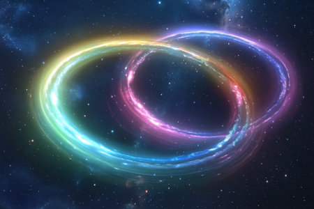 Colorful rings of light intertwine against a dark cosmic background, showing cosmic beauty and wonder.の写真素材
