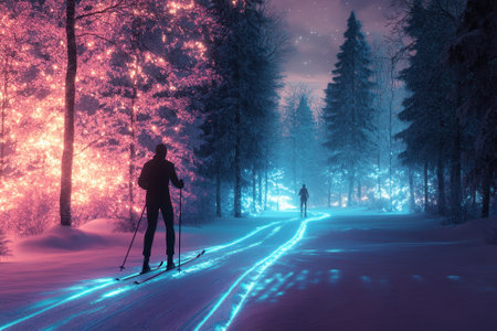 Skiers glide through a snowy landscape, surrounded by trees lit with vibrant colors, creating a magical atmosphere.の写真素材