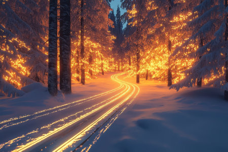 A winding path in a snowy forest glows brightly as trees shimmer with warm light, creating a winter wonderland.の写真素材